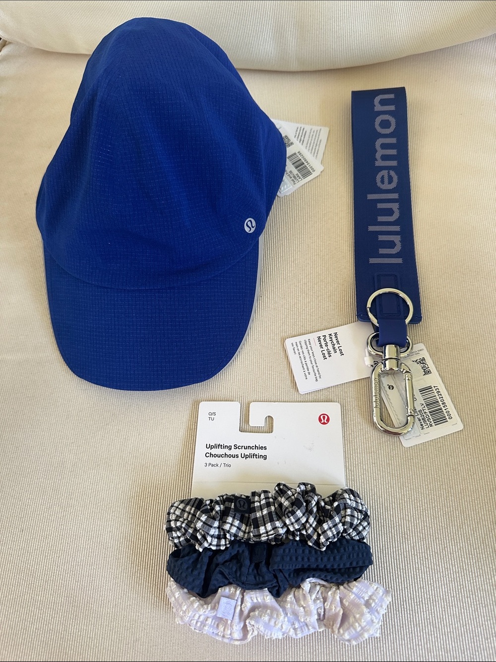 Lululemon NWT Royal Blue Hat with Matching Keychain Strap & Scrunchies